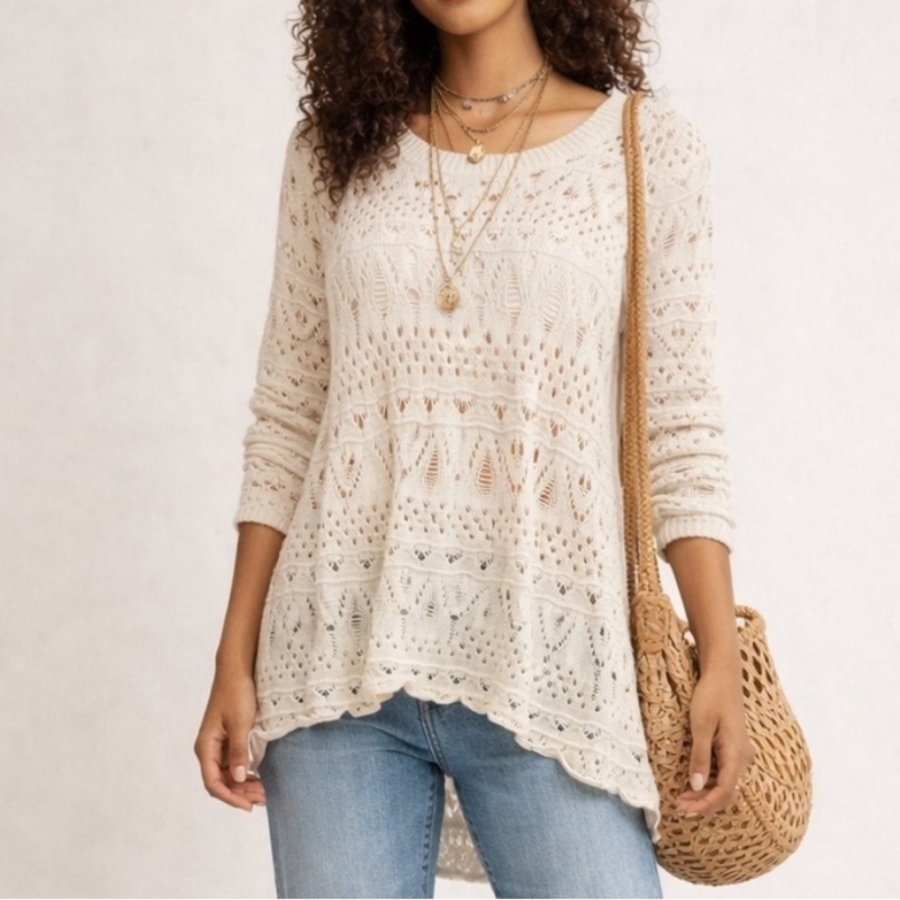 Open Knit Sweater Cream High Low Hem Long Sleeve Size M